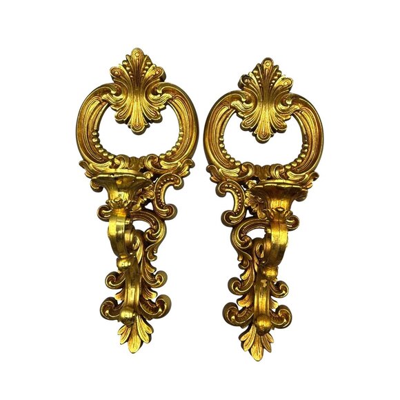 Vintage Gold Hollywood Regency Ornate Wall Candle Sconces Set - Picture 1 of 6